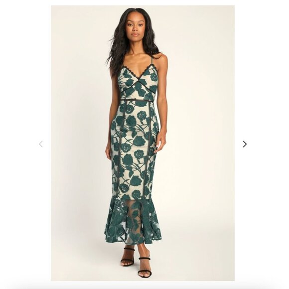 Lulu's Alluring Dream Emerald Green Floral Mesh Lace Trumpet Midi Dress - Picture 1 of 6